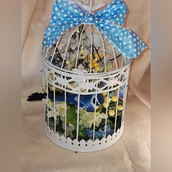 OOAK Bird Cage with Flowers and Lights Blue and Yellow Spring Decor NEW - Picture 2 of 4